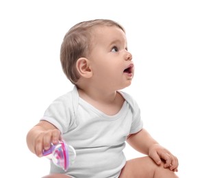 Photo of Cute little baby with toy on white background