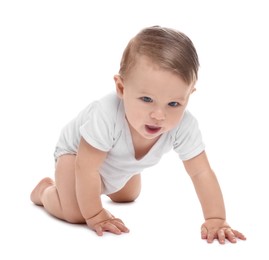 Photo of Cute little baby crawling on white background