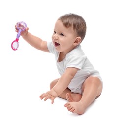 Photo of Cute little baby with toy on white background