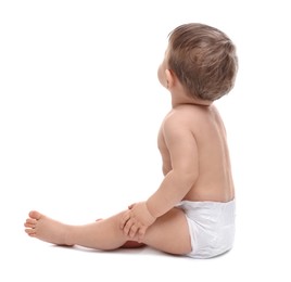 Photo of Cute little baby in diaper on white background