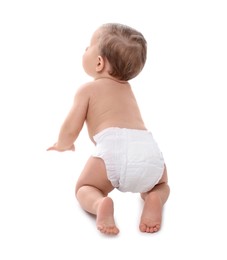 Photo of Cute little baby in diaper on white background