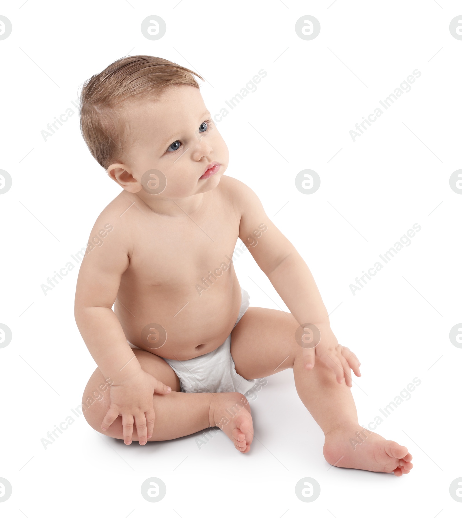 Photo of Cute little baby in diaper on white background