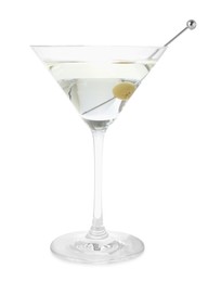 Photo of Martini cocktail with olive in glass isolated on white