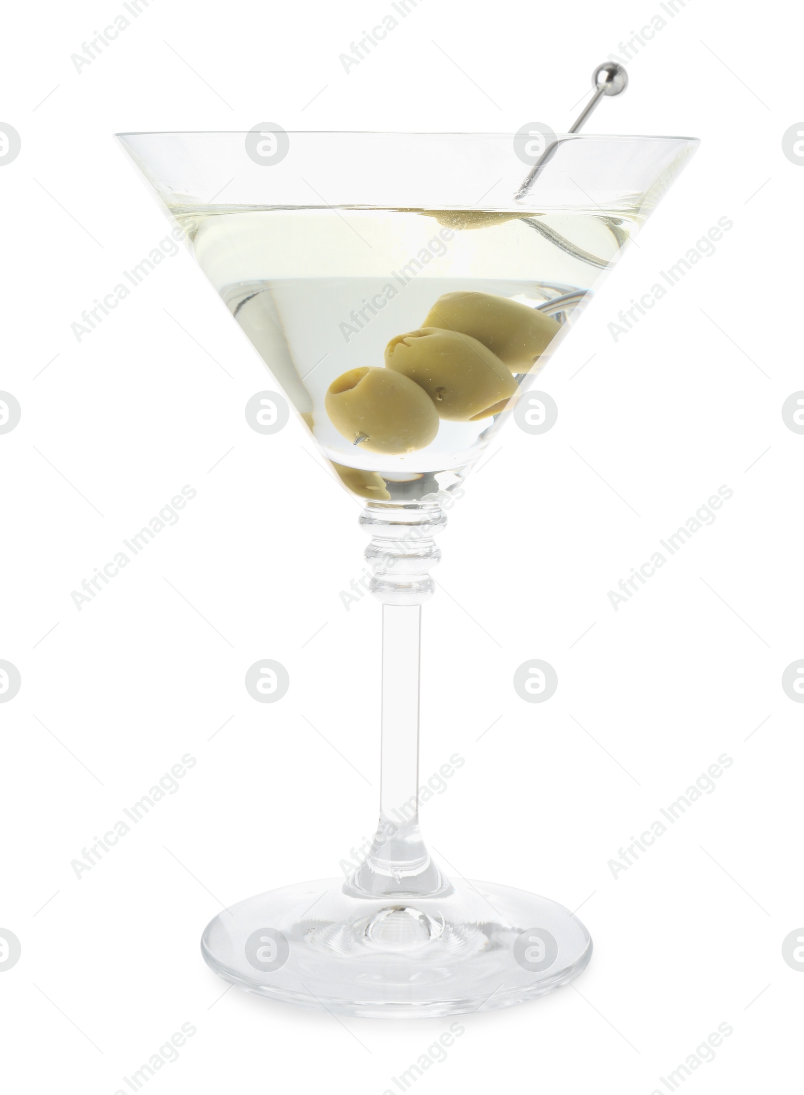 Photo of Martini cocktail with olives in glass isolated on white