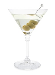 Photo of Martini cocktail with olives in glass isolated on white