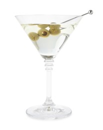 Photo of Martini cocktail with olives in glass isolated on white