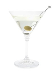 Photo of Martini cocktail with olive in glass isolated on white