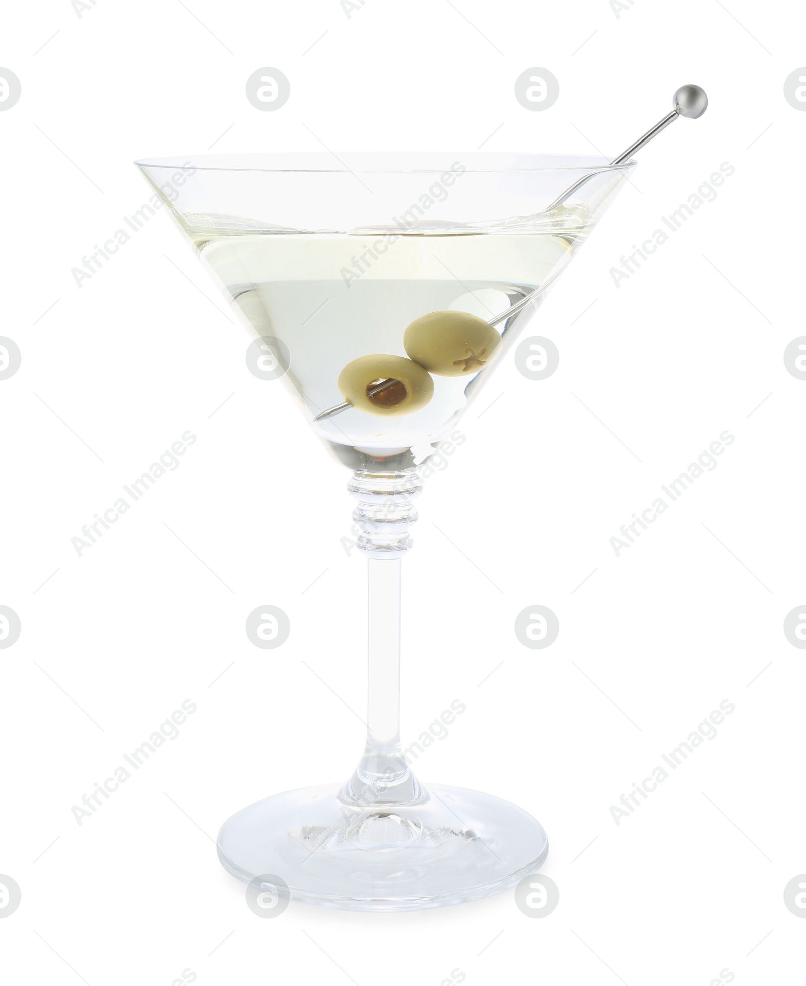 Photo of Martini cocktail with olives in glass isolated on white