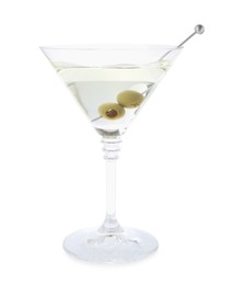 Photo of Martini cocktail with olives in glass isolated on white