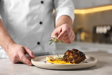 Photo of Professional chef serving dish at table indoors, closeup