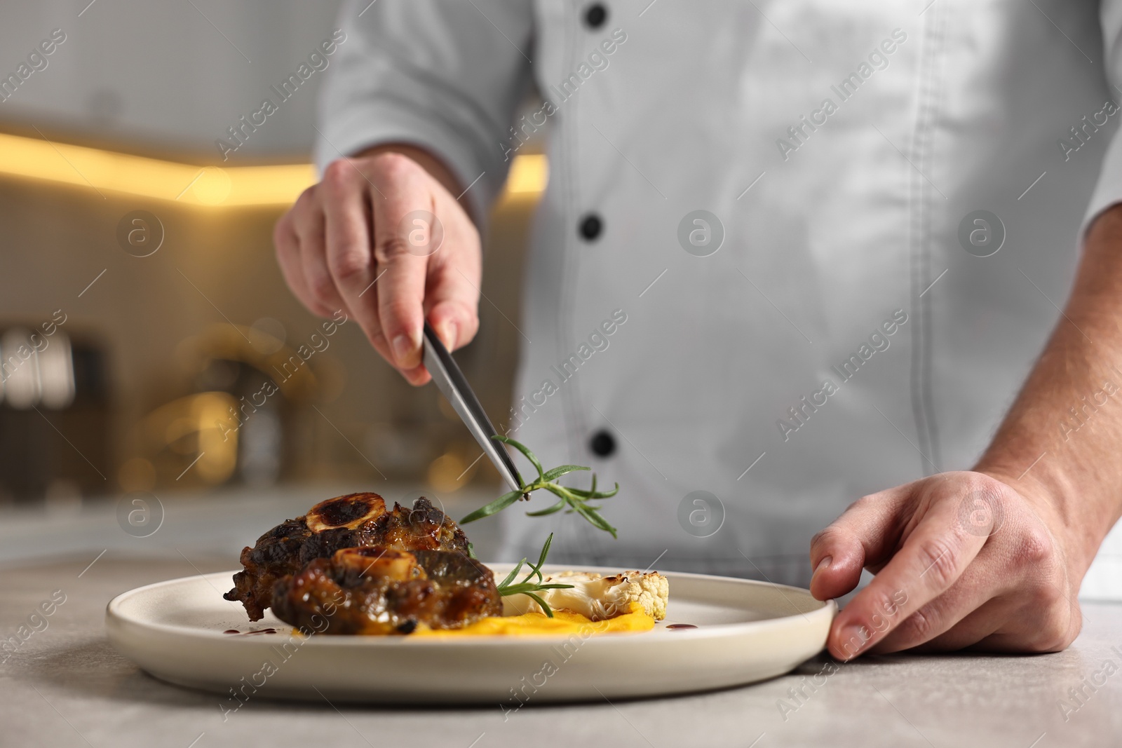 Photo of Professional chef serving dish at table indoors, closeup