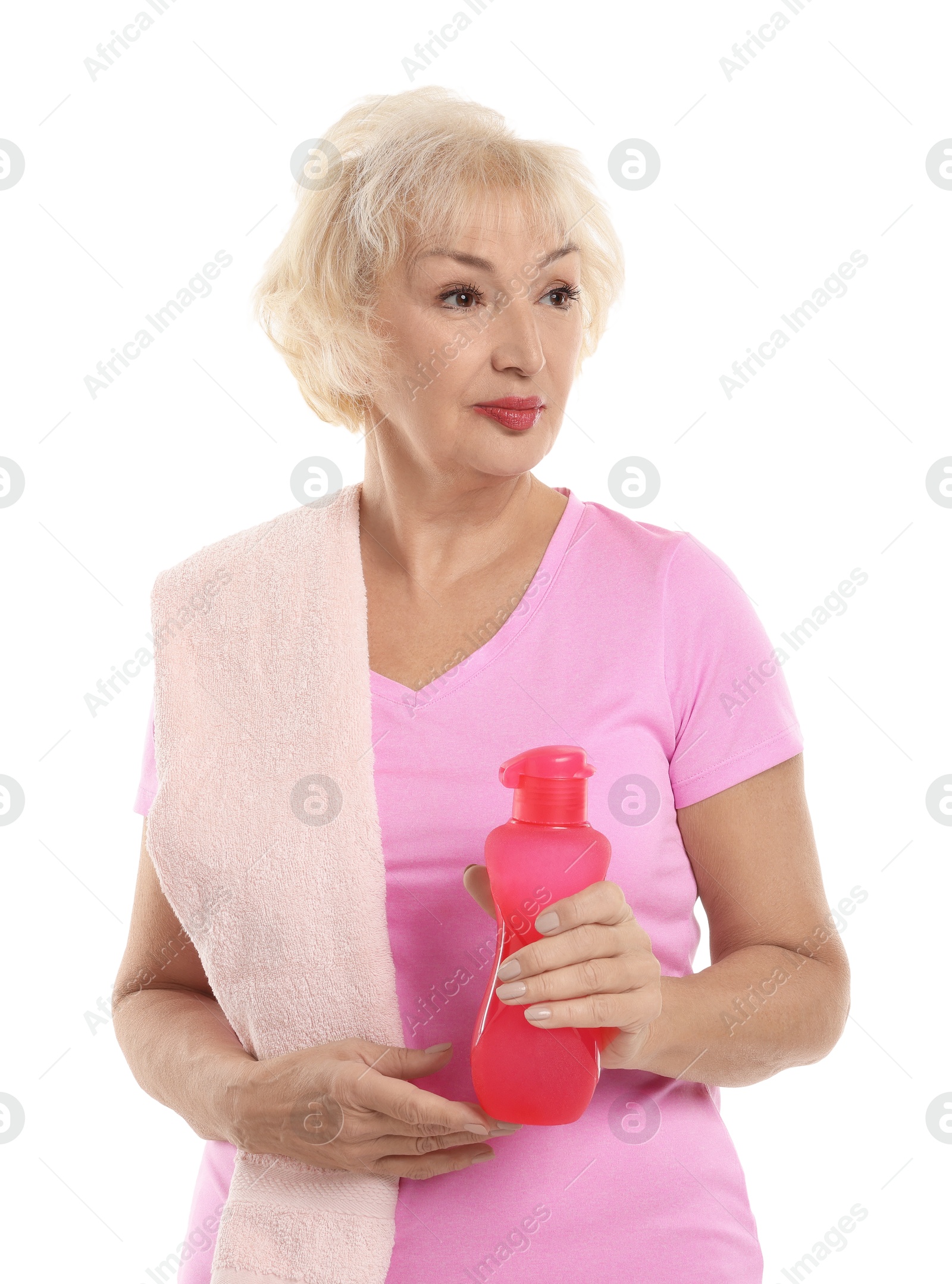 Photo of Senior woman with towel and water on white background