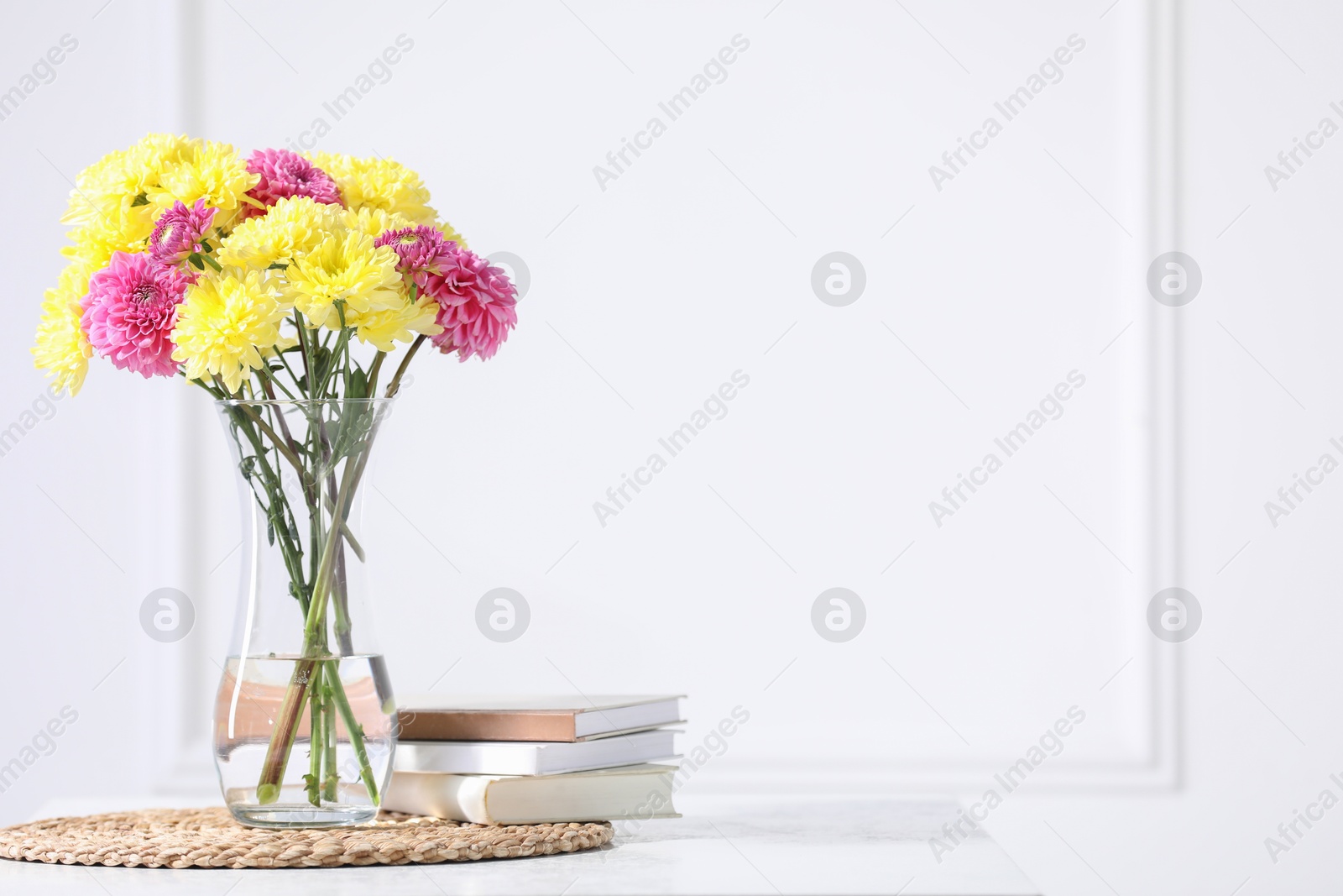 Photo of Beautiful chrysanthemum flowers in vase on table indoors. Space for text