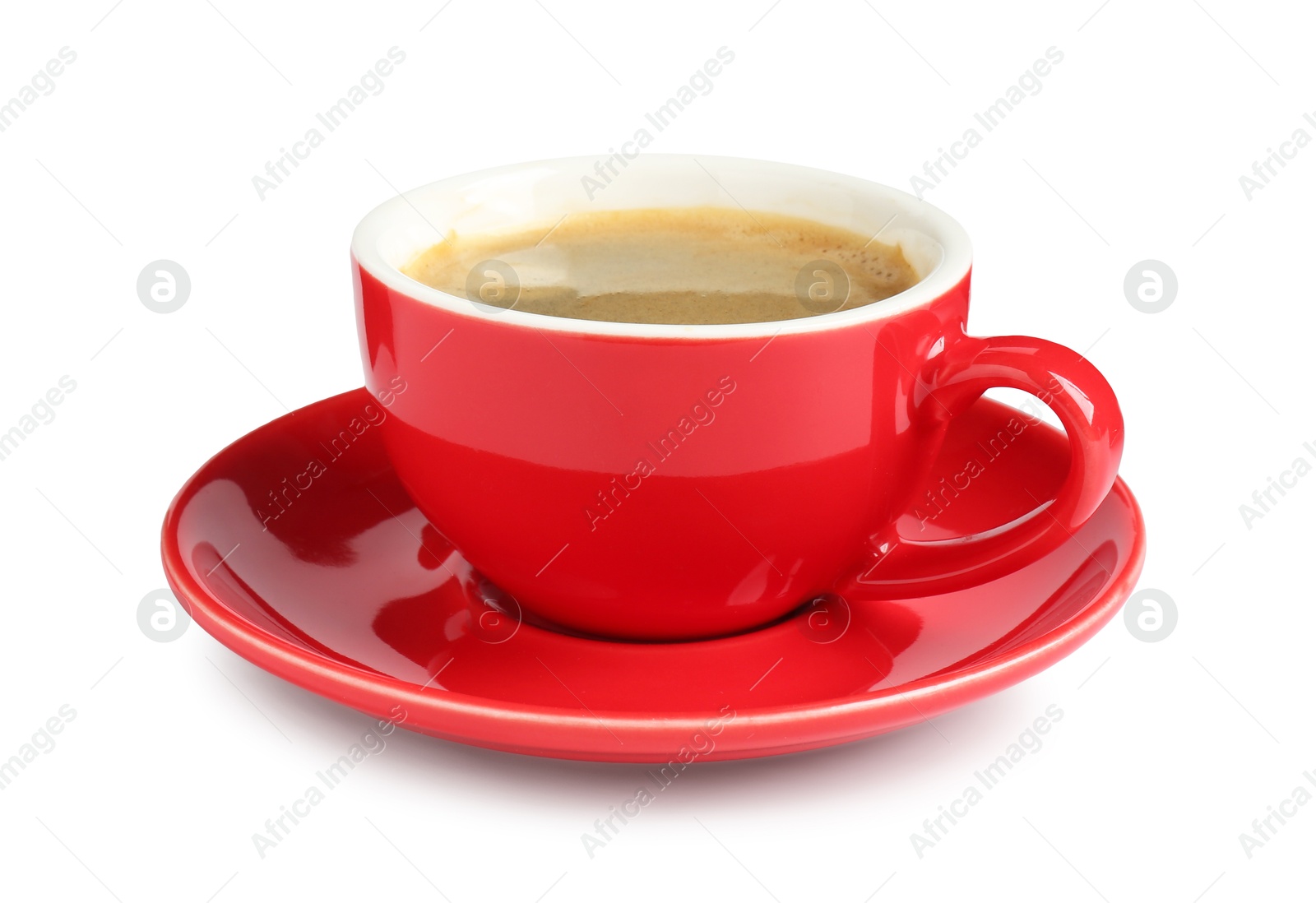 Photo of Red cup with coffee isolated on white