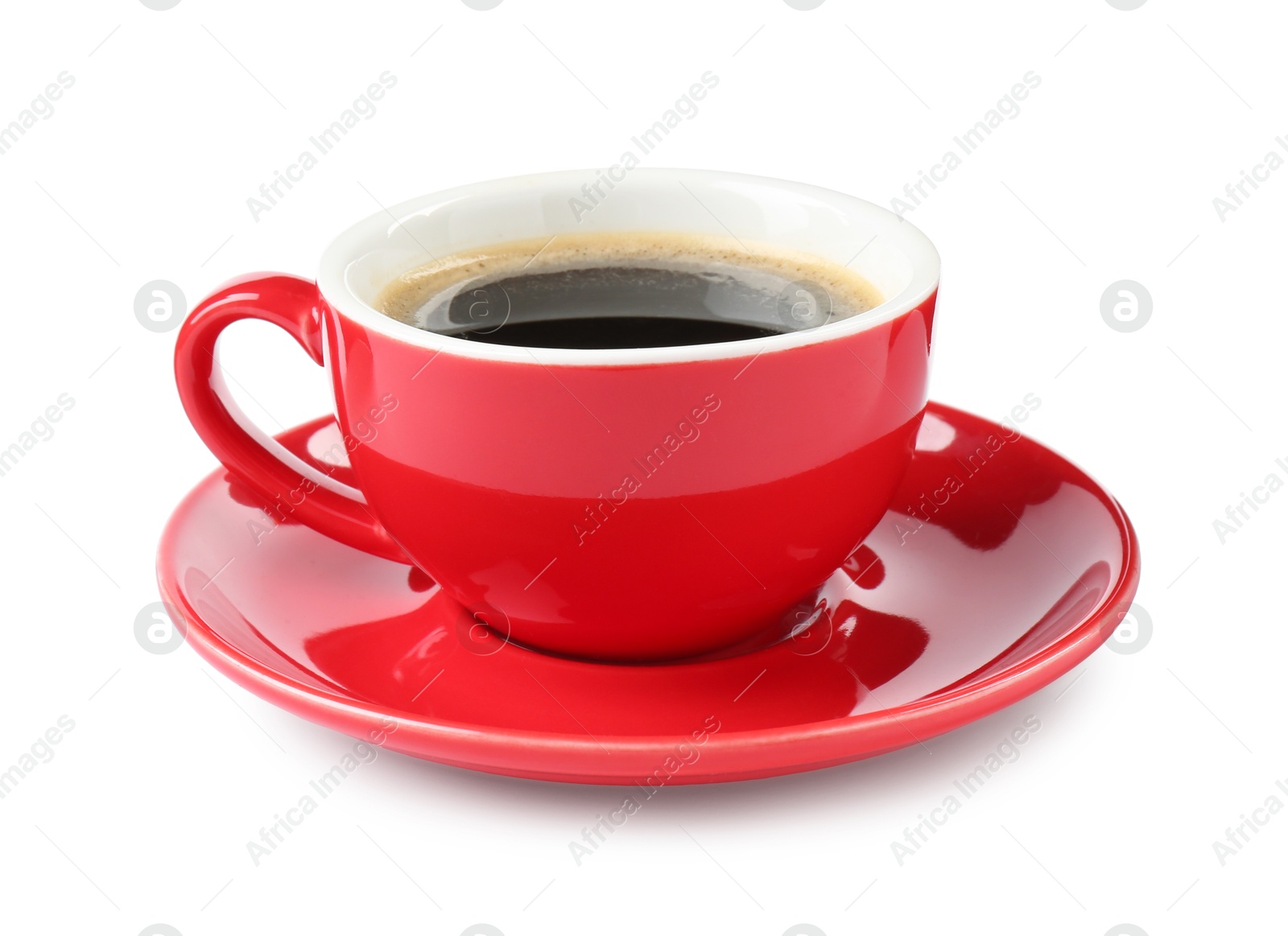 Photo of Red cup of aromatic coffee and saucer isolated on white