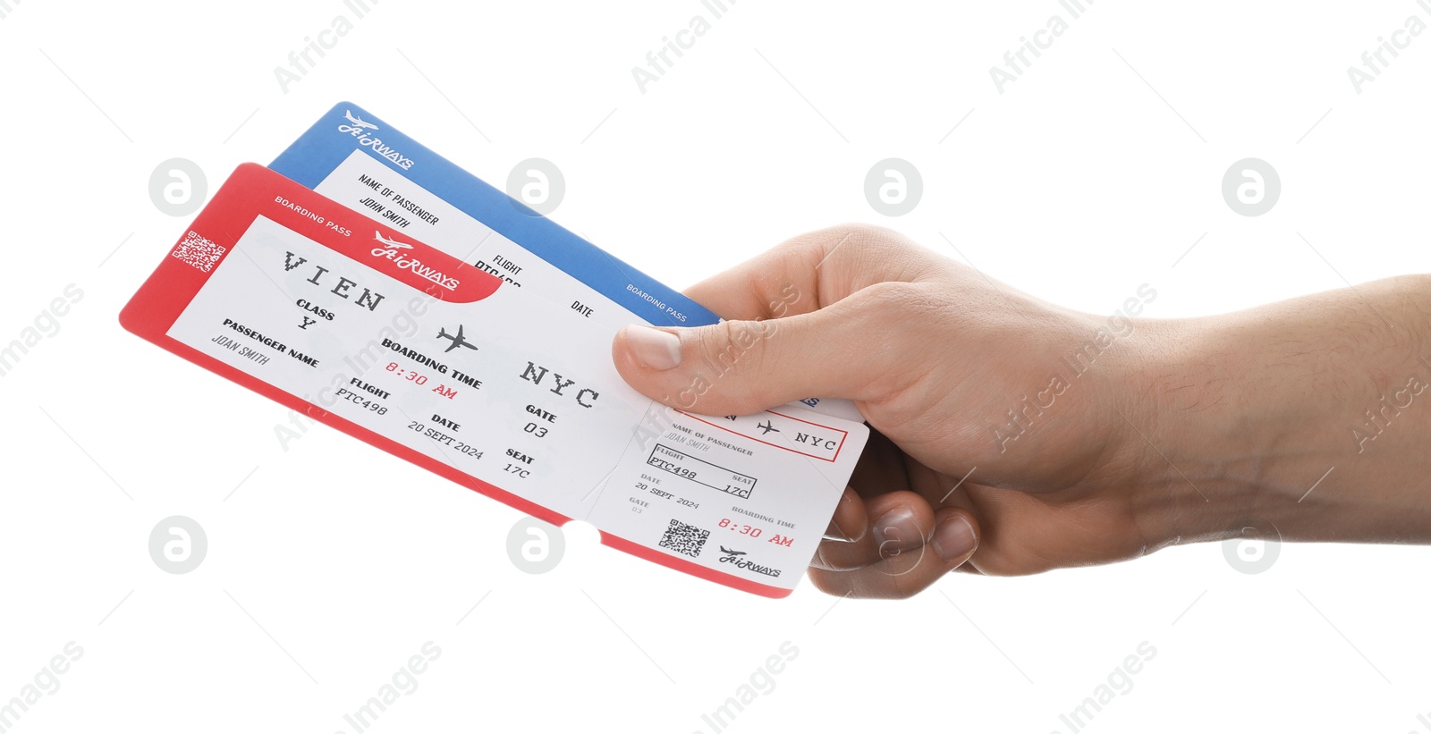 Photo of Travel agency. Man holding flight tickets on white background, closeup