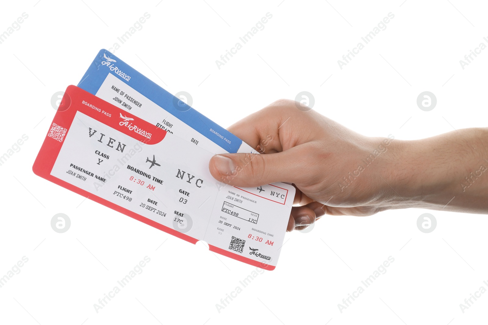 Photo of Travel agency. Man holding flight tickets on white background, closeup