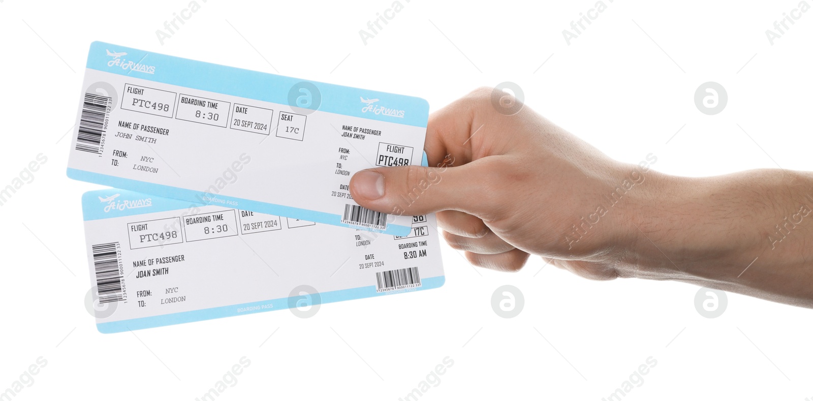 Photo of Travel agency. Man holding flight tickets on white background, closeup