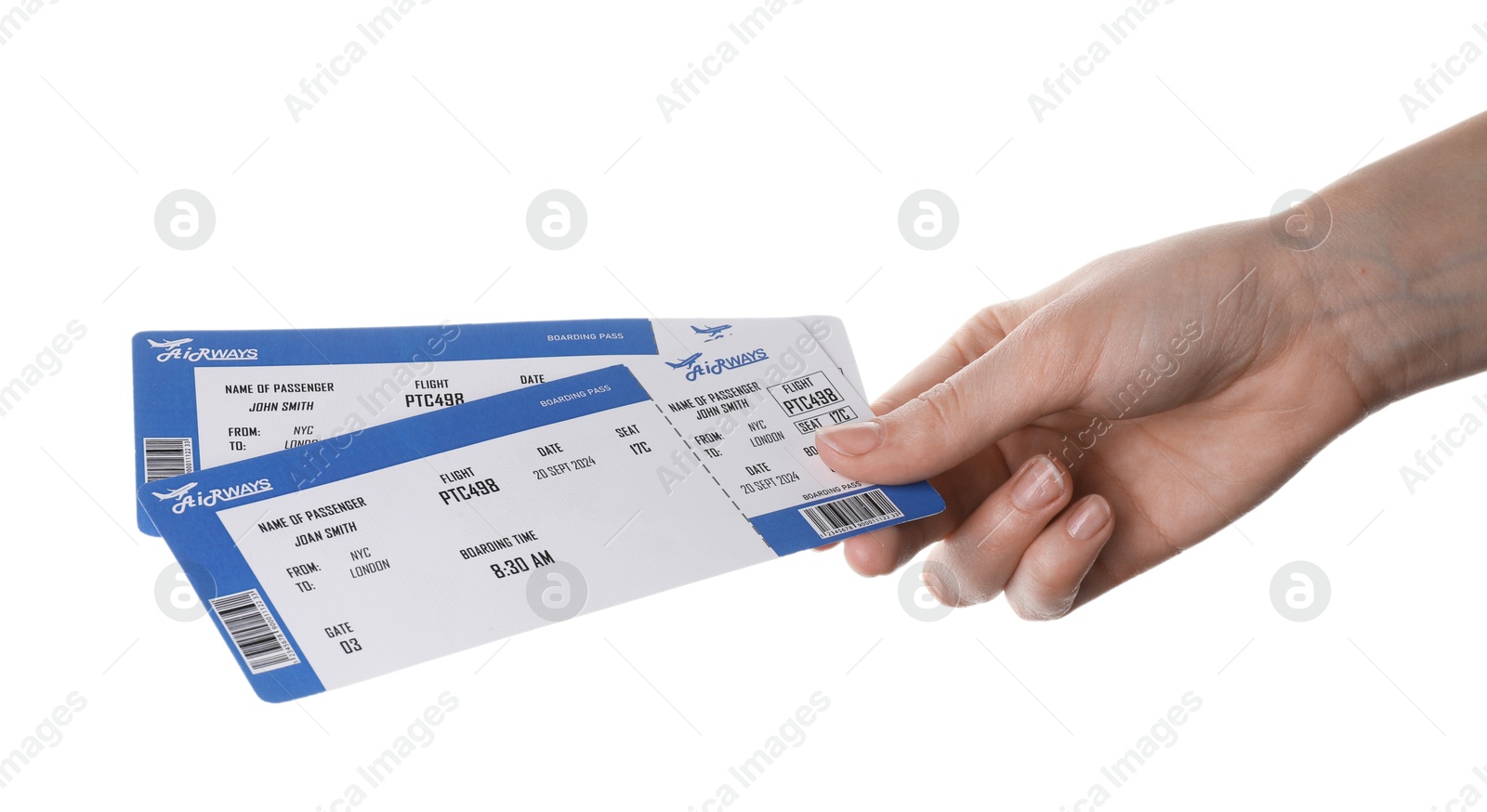 Photo of Travel agency. Woman holding flight tickets on white background, closeup