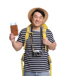 Photo of Happy traveller with passport and ticket on white background