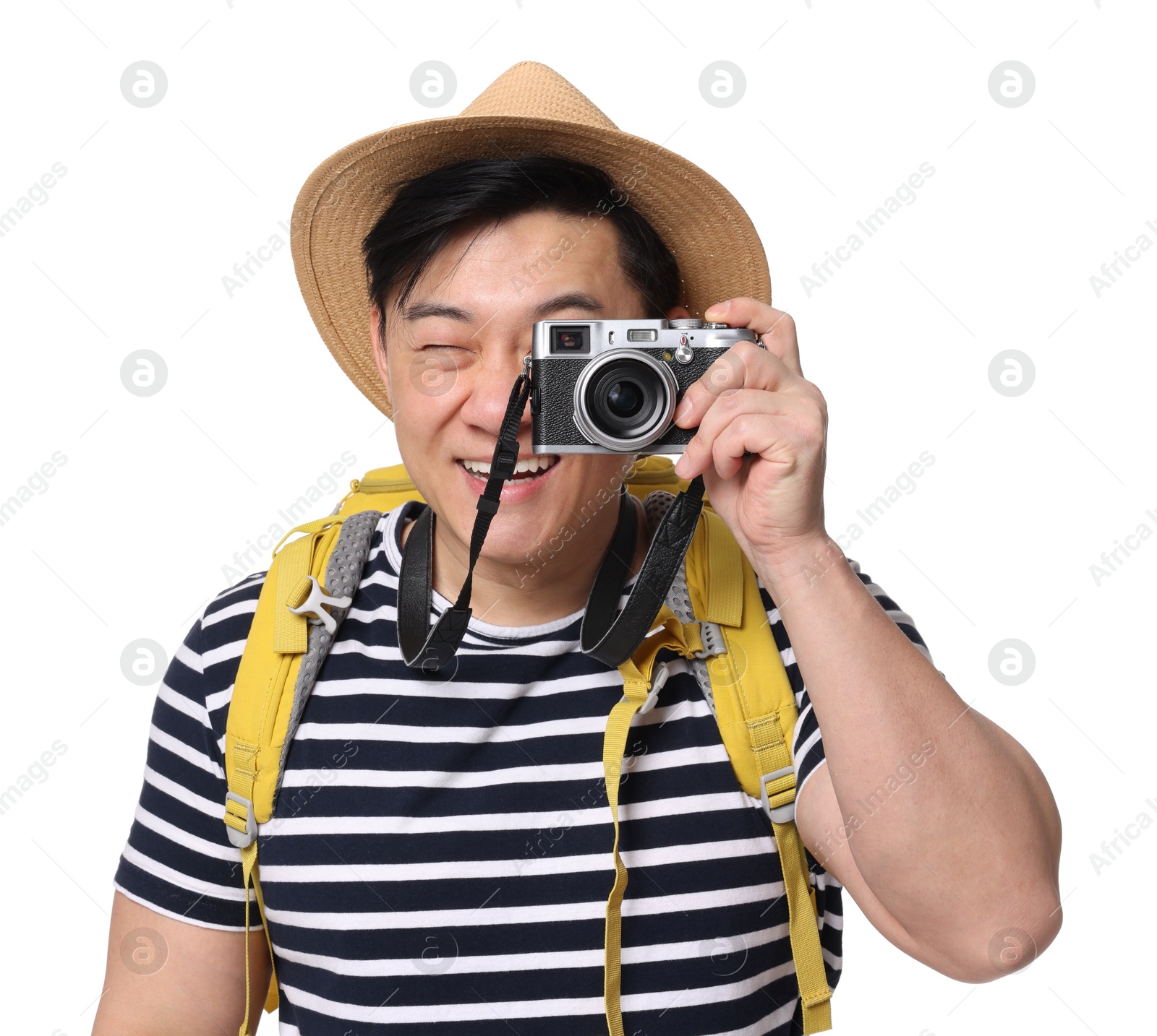 Photo of Traveller taking photo with camera on white background