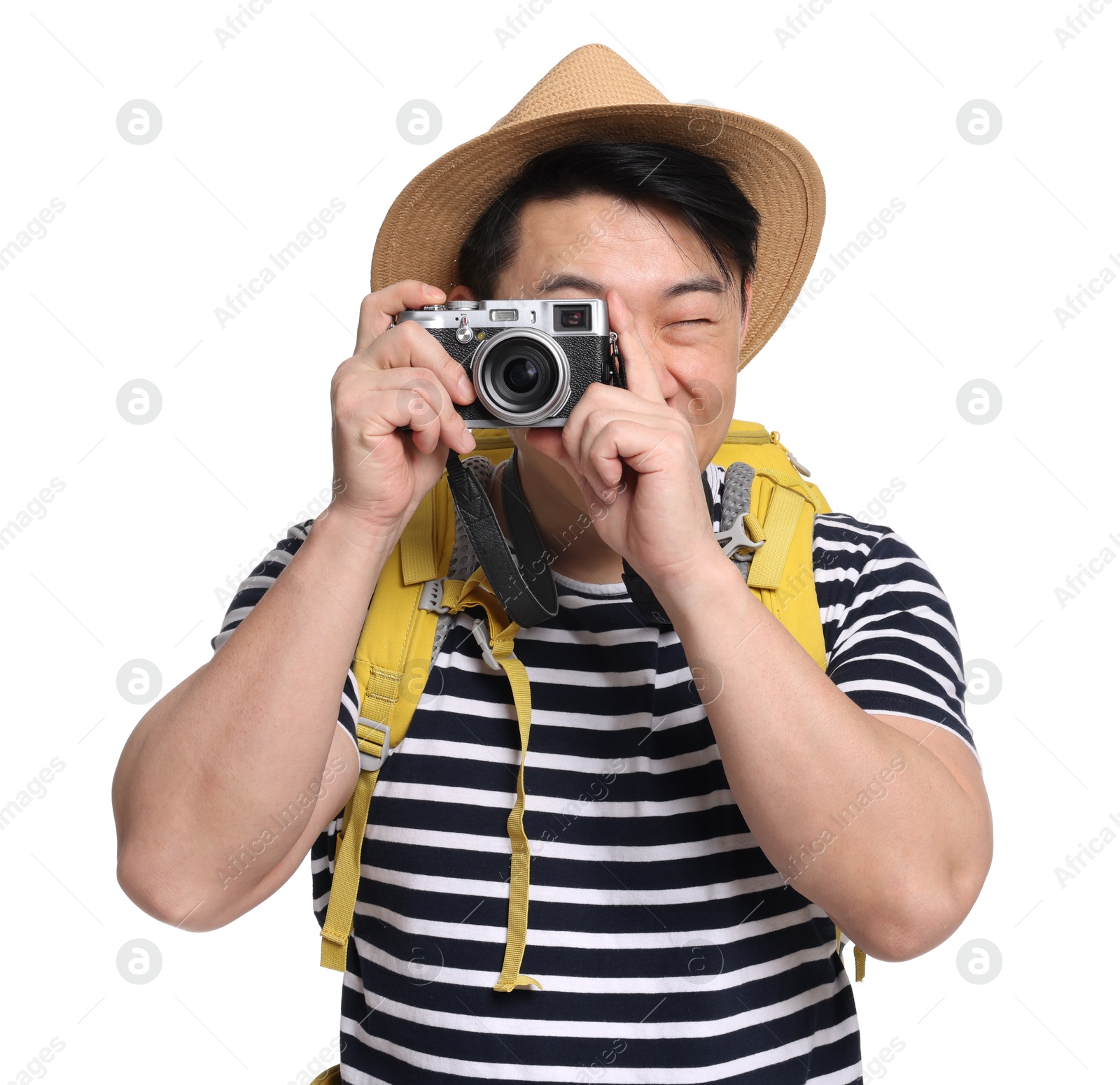 Photo of Traveller taking photo with camera on white background