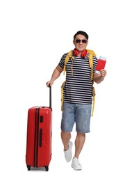 Photo of Traveller with suitcase and passport on white background