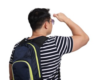 Photo of Traveller with backpack on white background, back view