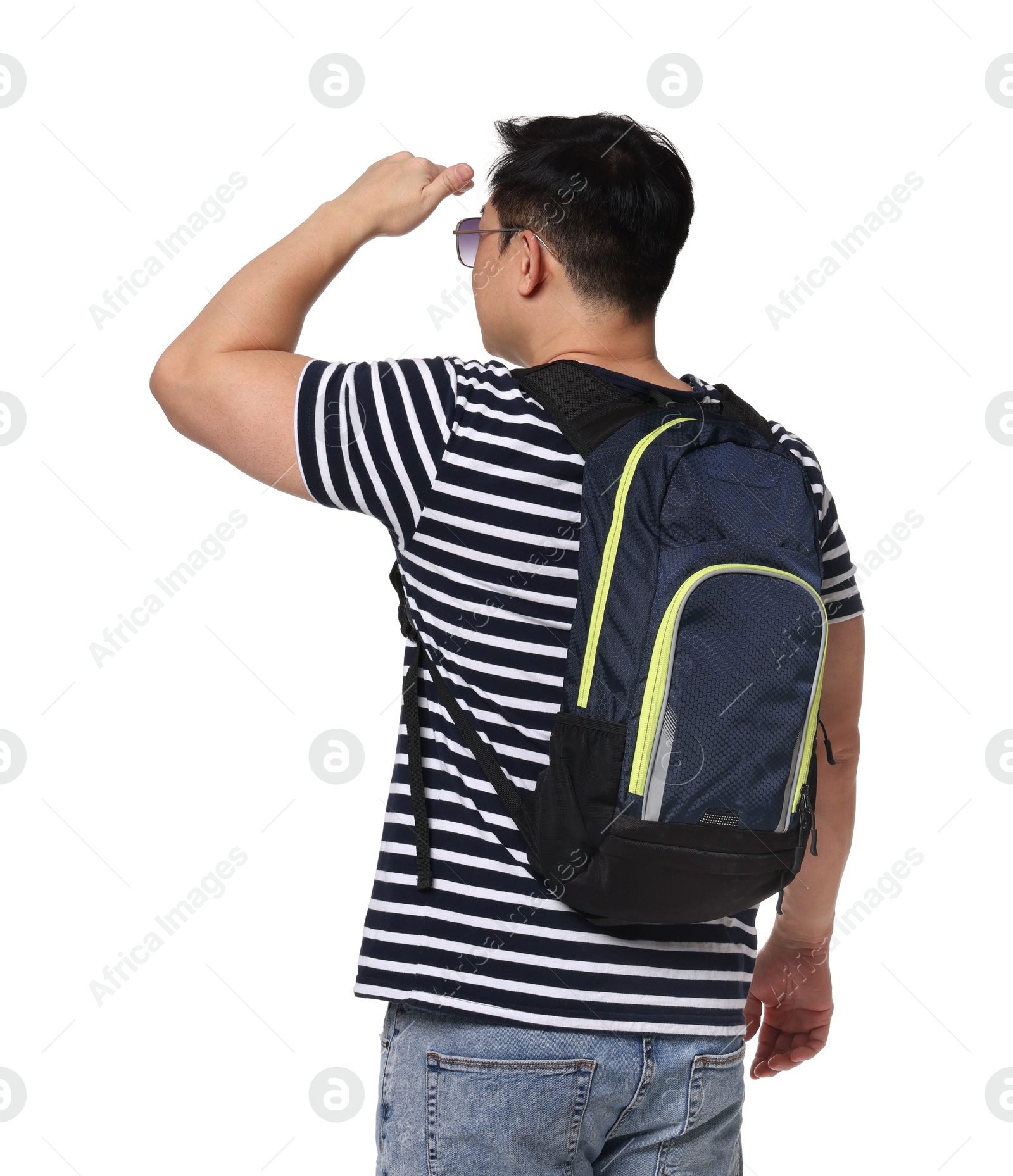 Photo of Traveller with backpack on white background, back view