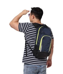 Photo of Traveller with backpack on white background, back view