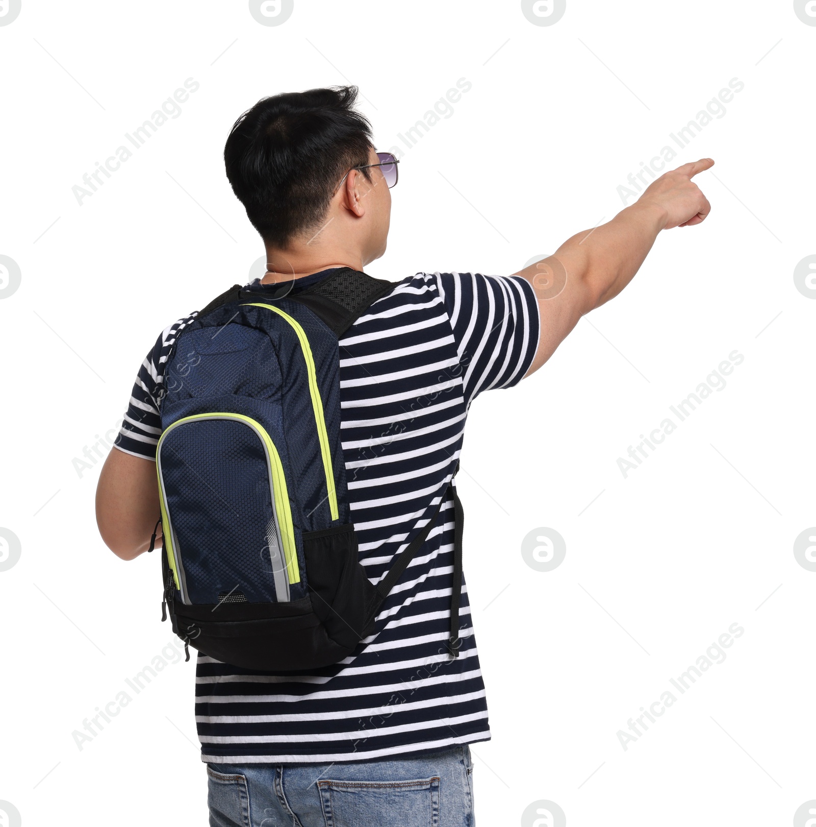 Photo of Traveller with backpack on white background, back view