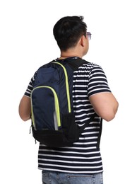 Photo of Traveller with backpack on white background, back view