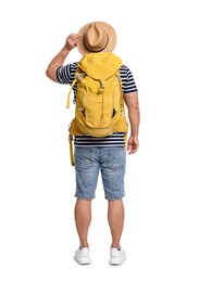 Photo of Traveller with backpack on white background, back view