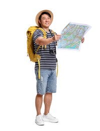 Photo of Traveller with map and backpack on white background