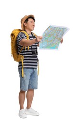 Photo of Traveller with map and backpack on white background