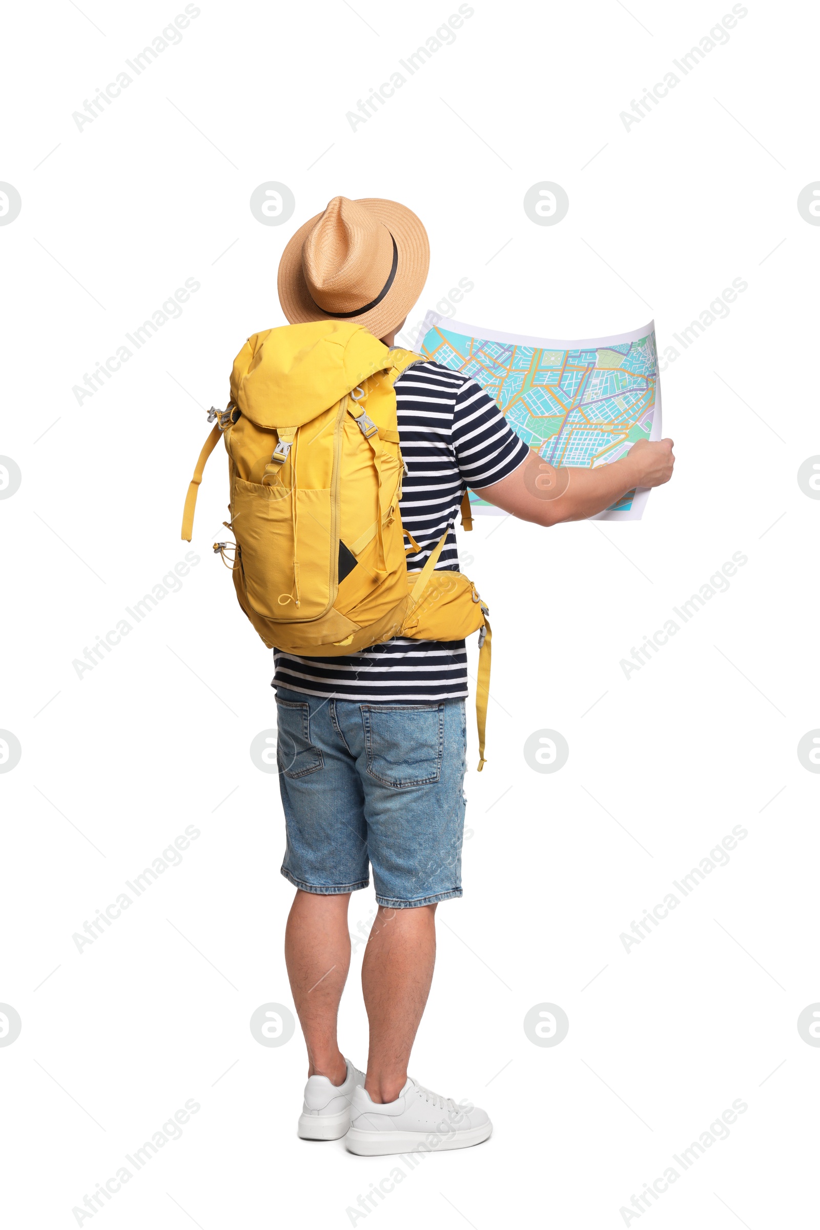 Photo of Traveller with map and backpack on white background, back view