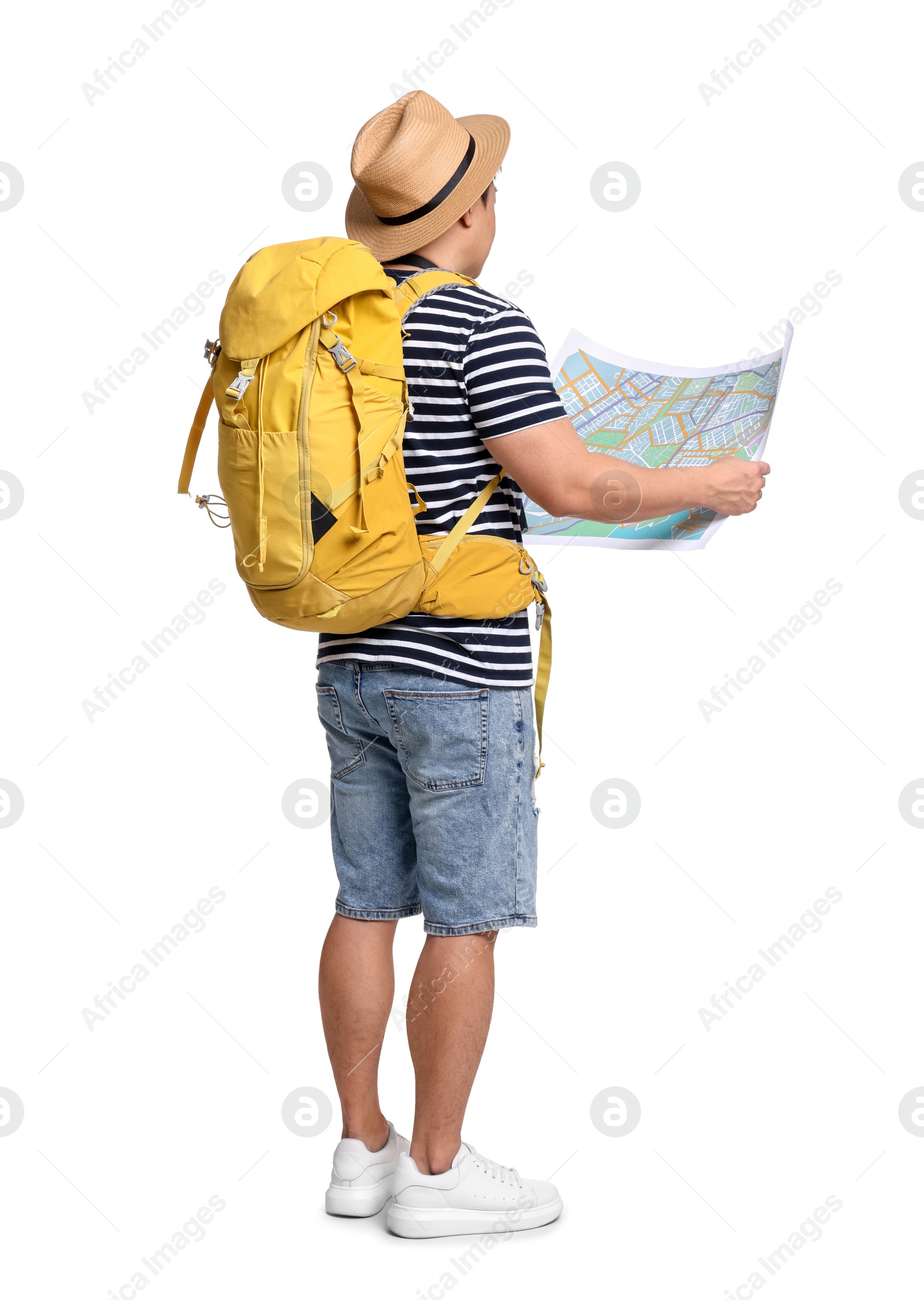 Photo of Traveller with map and backpack on white background