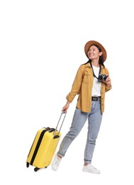 Photo of Happy traveller with suitcase on white background