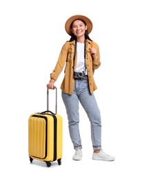 Photo of Happy traveller with suitcase on white background