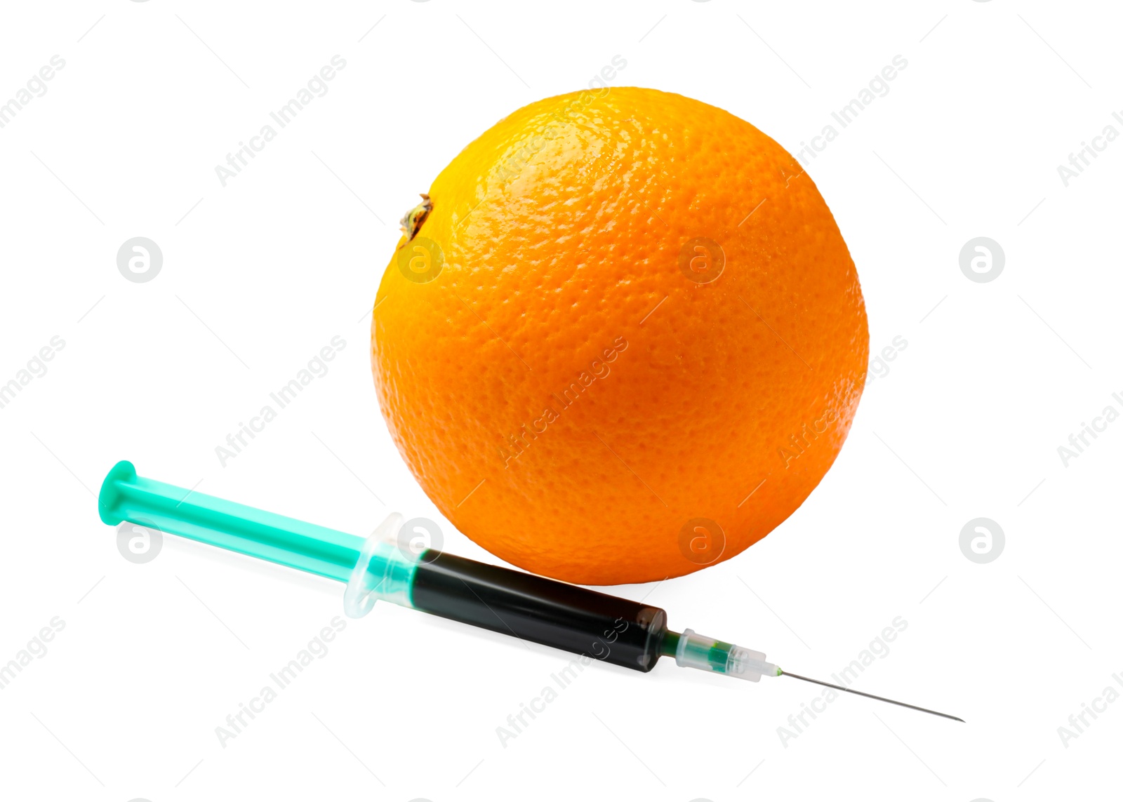 Photo of GMO concept. Fresh orange and syringe isolated on white