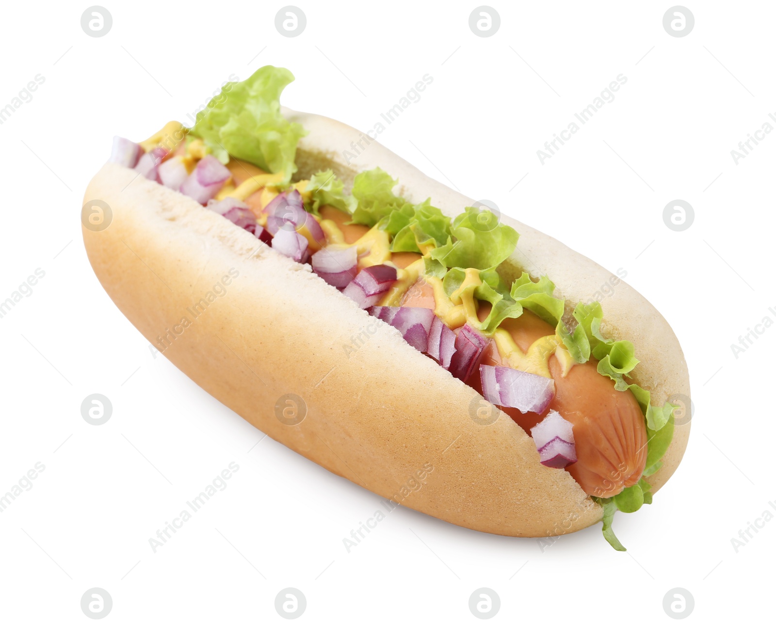 Photo of Tasty hot dog with lettuce and onion isolated on white