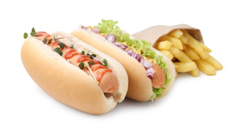 Photo of Tasty hot dogs with fries isolated on white