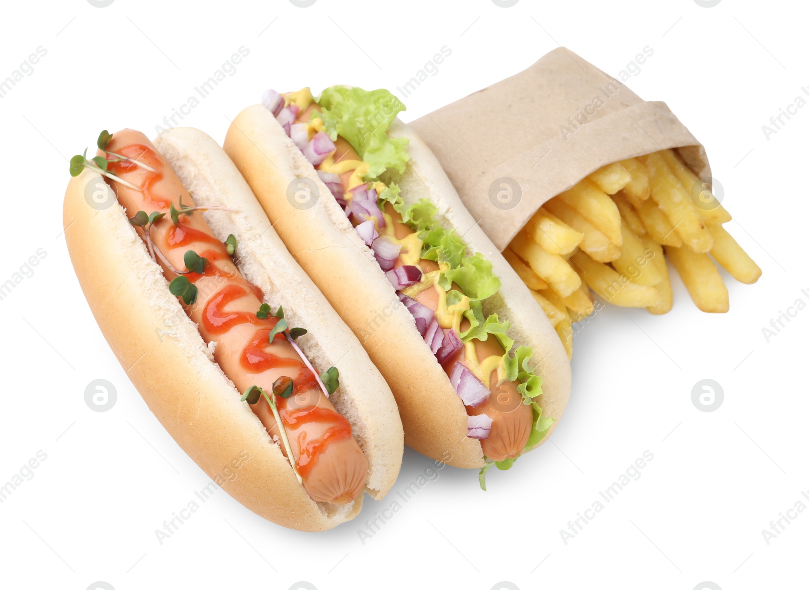 Photo of Tasty hot dogs with fries isolated on white