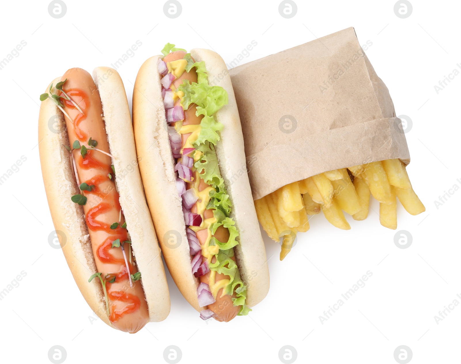 Photo of Tasty hot dogs with fries isolated on white, top view