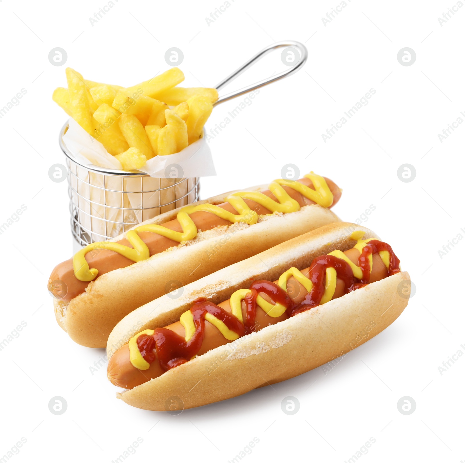 Photo of Tasty hot dogs with fries isolated on white