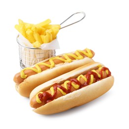 Photo of Tasty hot dogs with fries isolated on white