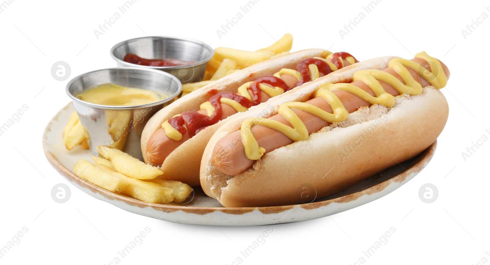 Photo of Tasty hot dogs with fries and sauces isolated on white