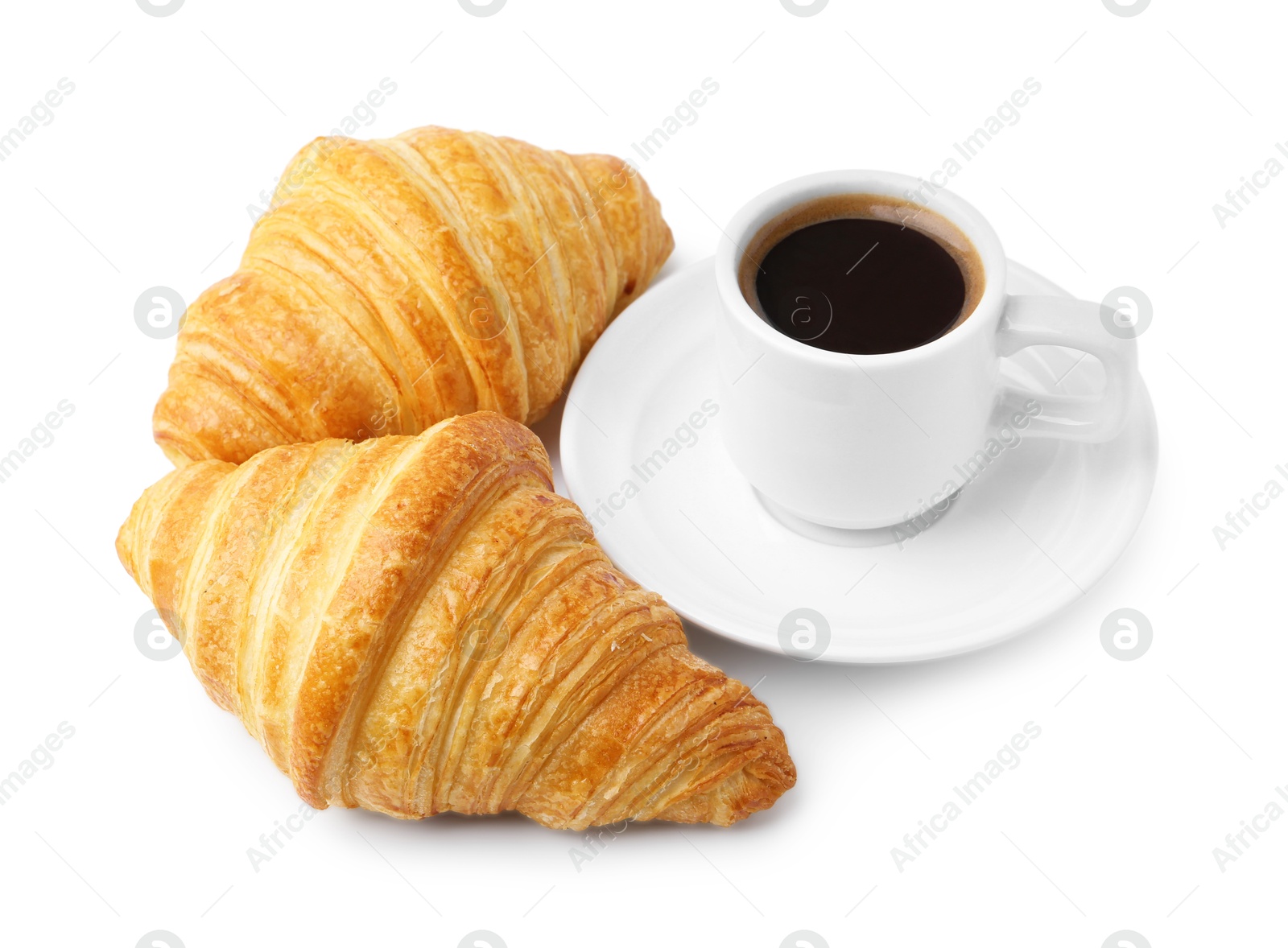 Photo of Tasty fresh croissants and cup of coffee isolated on white. Puff pastry