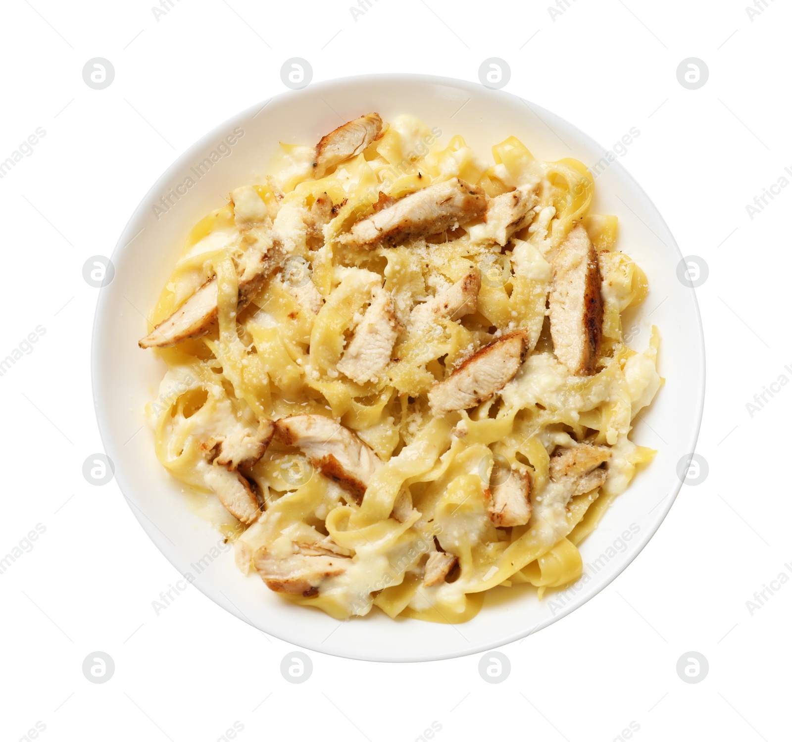 Photo of Tasty Alfredo pasta with chicken isolated on white, top view