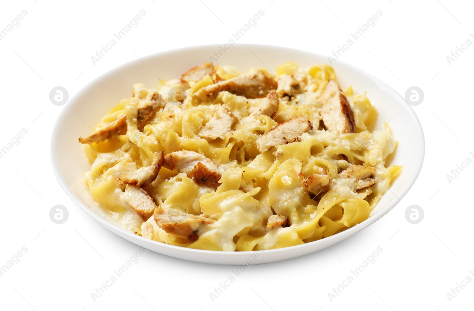 Photo of Tasty Alfredo pasta with chicken isolated on white